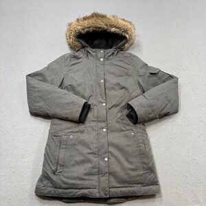 Eddie Bauer Puffer Coat Women's Medium Gray Faux Fur Hooded Goose Down Quilted
